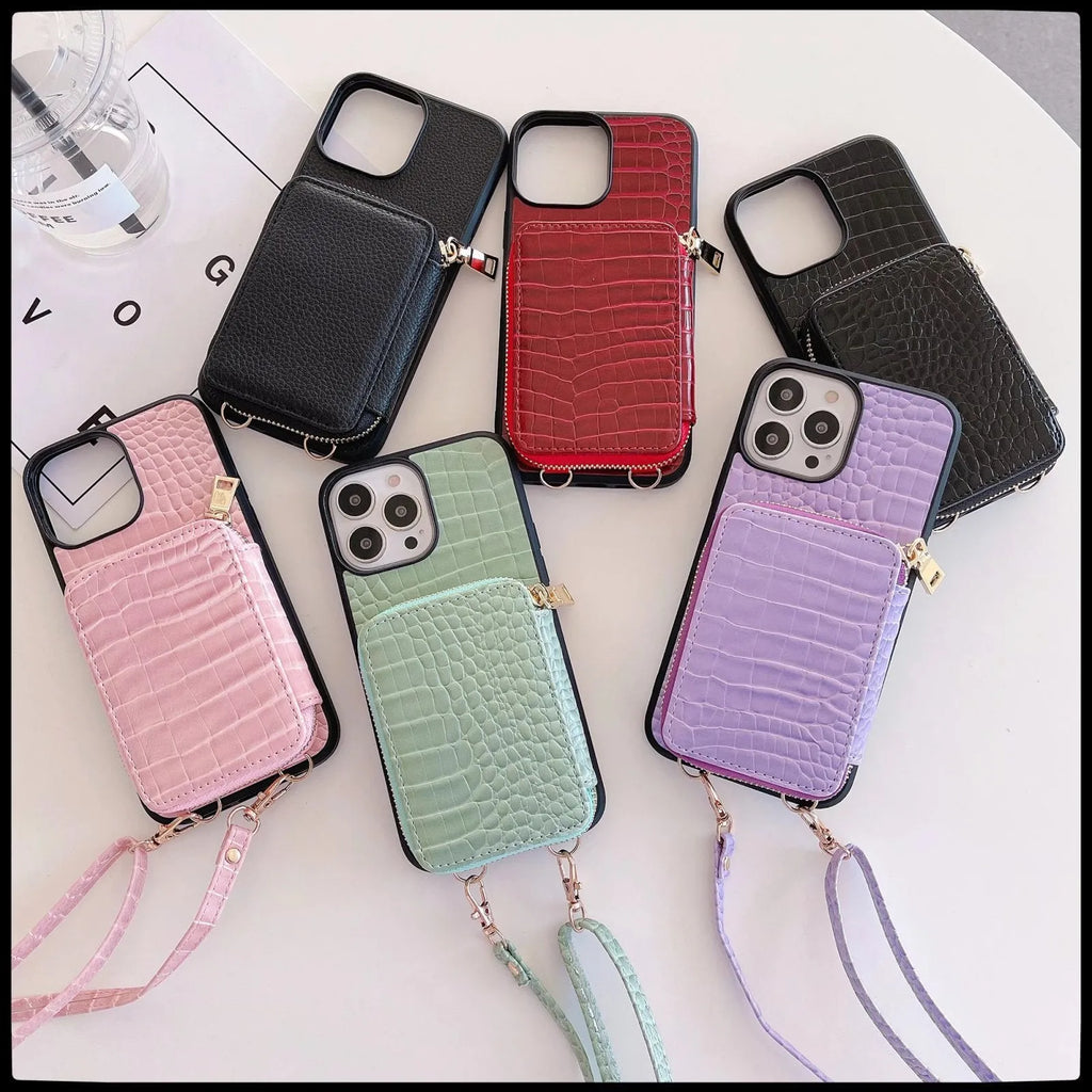 Crossbody leather zipper bag phone case for iPhone, nine colours, European American style back cover