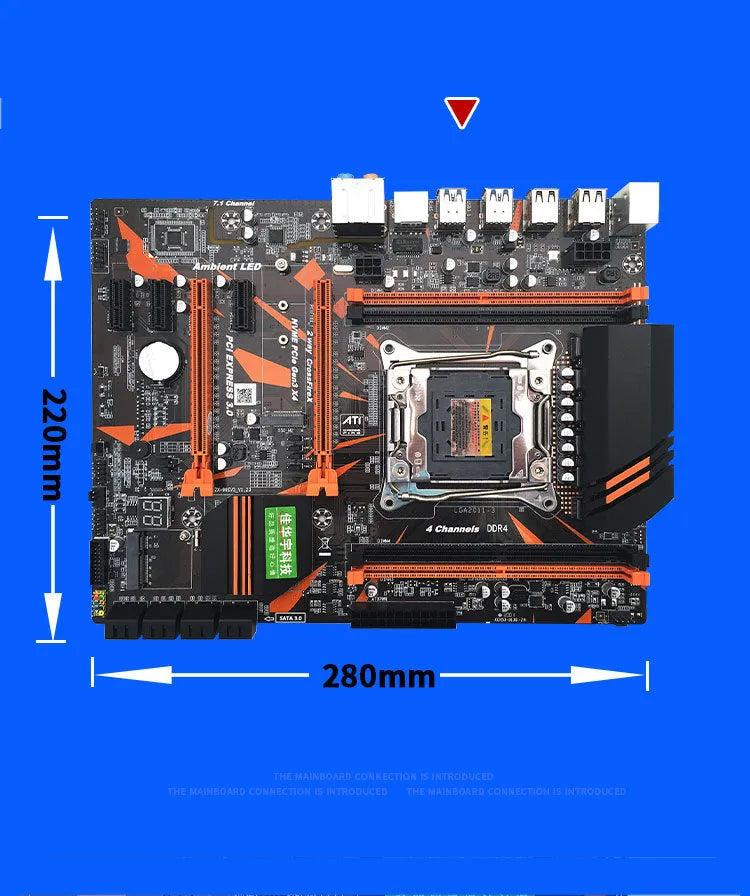 X99 computer motherboard with LGA2011-3 CPU socket, four DDR4 slots, and black PCB