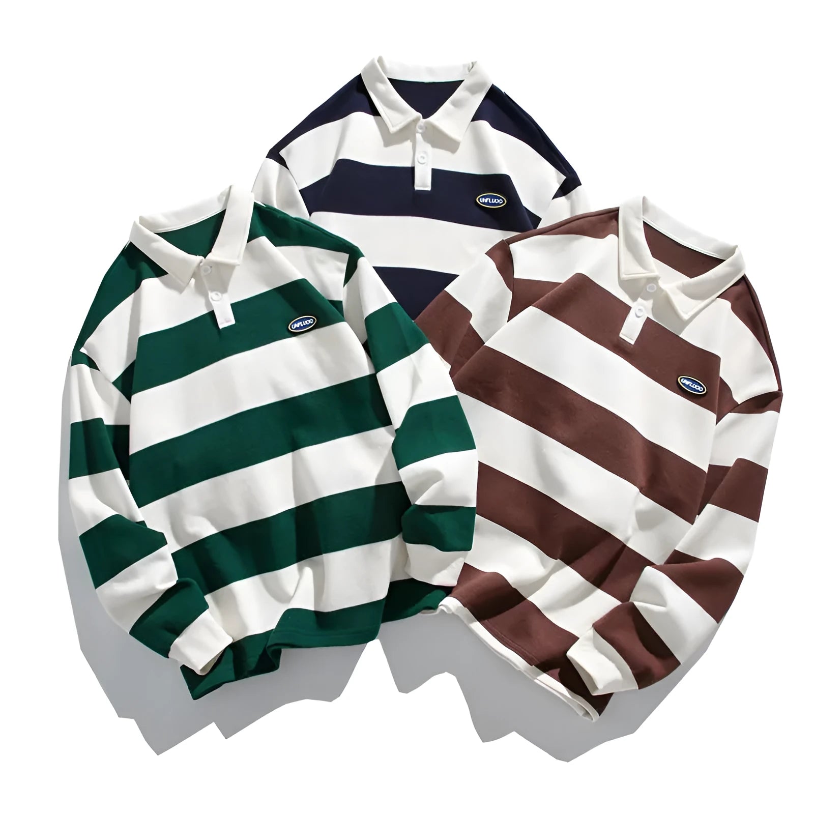Striped Hong Kong style lapel polo shirt in pearl cotton knit with loose fit long sleeves
