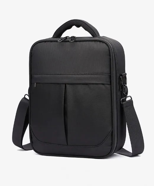 Black oxford fabric mens messenger bag with adjustable shoulder strap showing 24x11x31cm dimensions