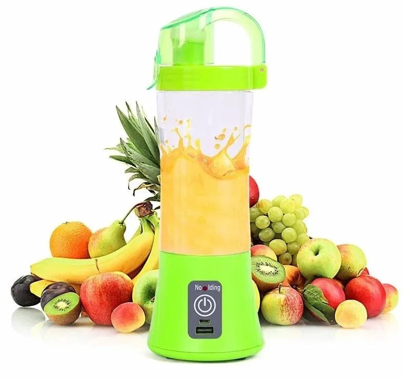Blue handheld electric fruit juicer with USB charging port and 400ml capacity measurement