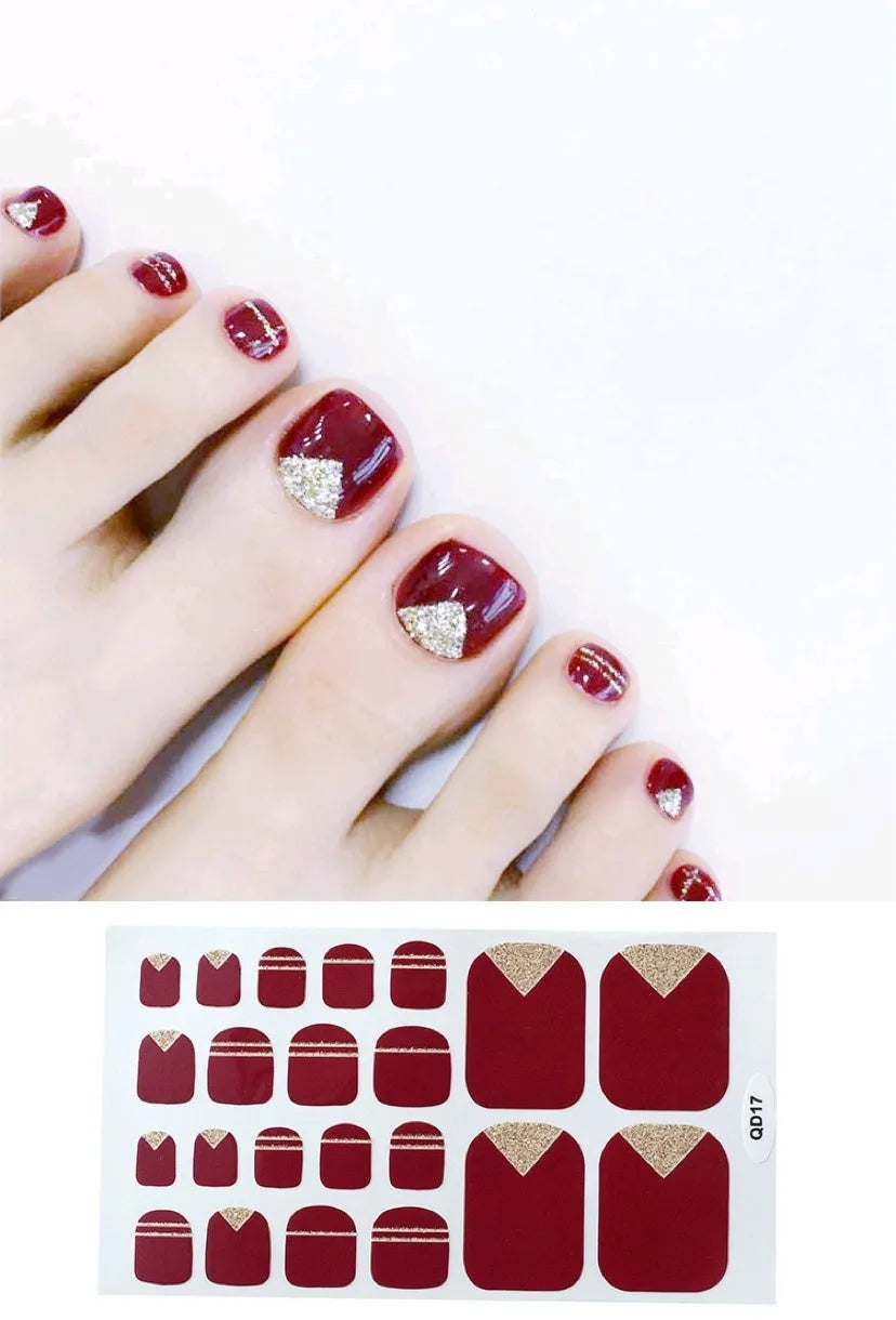 Cute waterproof foot nail sticker in pink colour on a toenail, with silver, wine red, and yellow colour options shown on the packaging