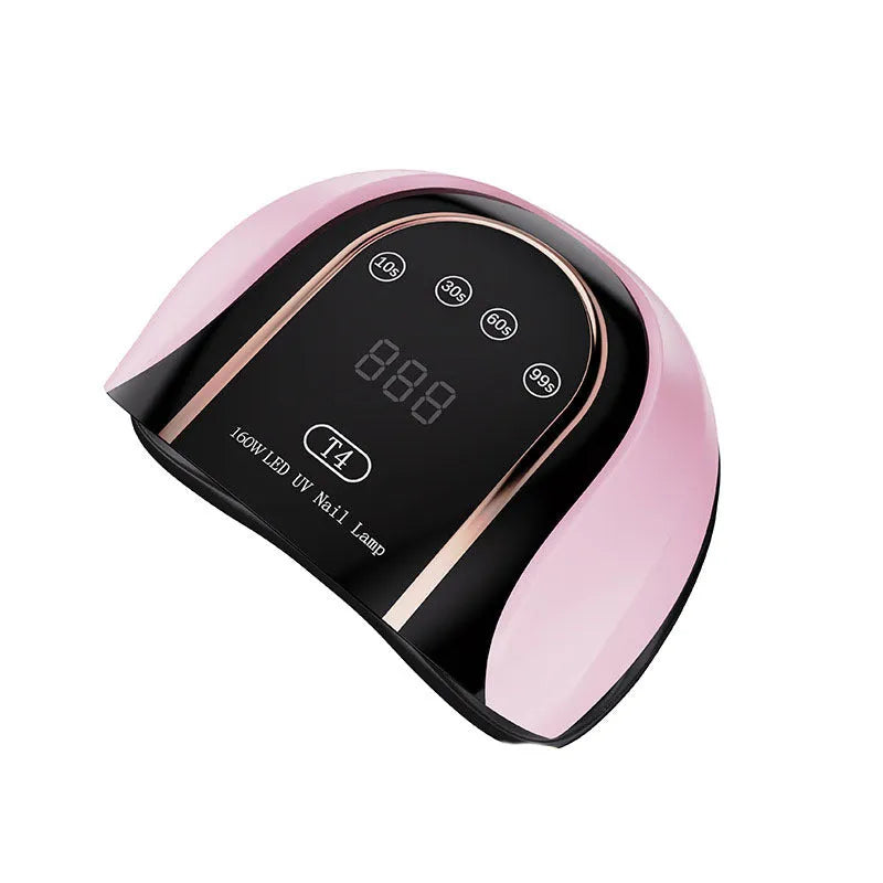 160W touch screen nail lamp with 459 dual light source beads in pink, showing touch panel and removable bottom plate