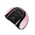 160W touch screen nail lamp with 459 dual light source beads in pink, showing touch panel and removable bottom plate