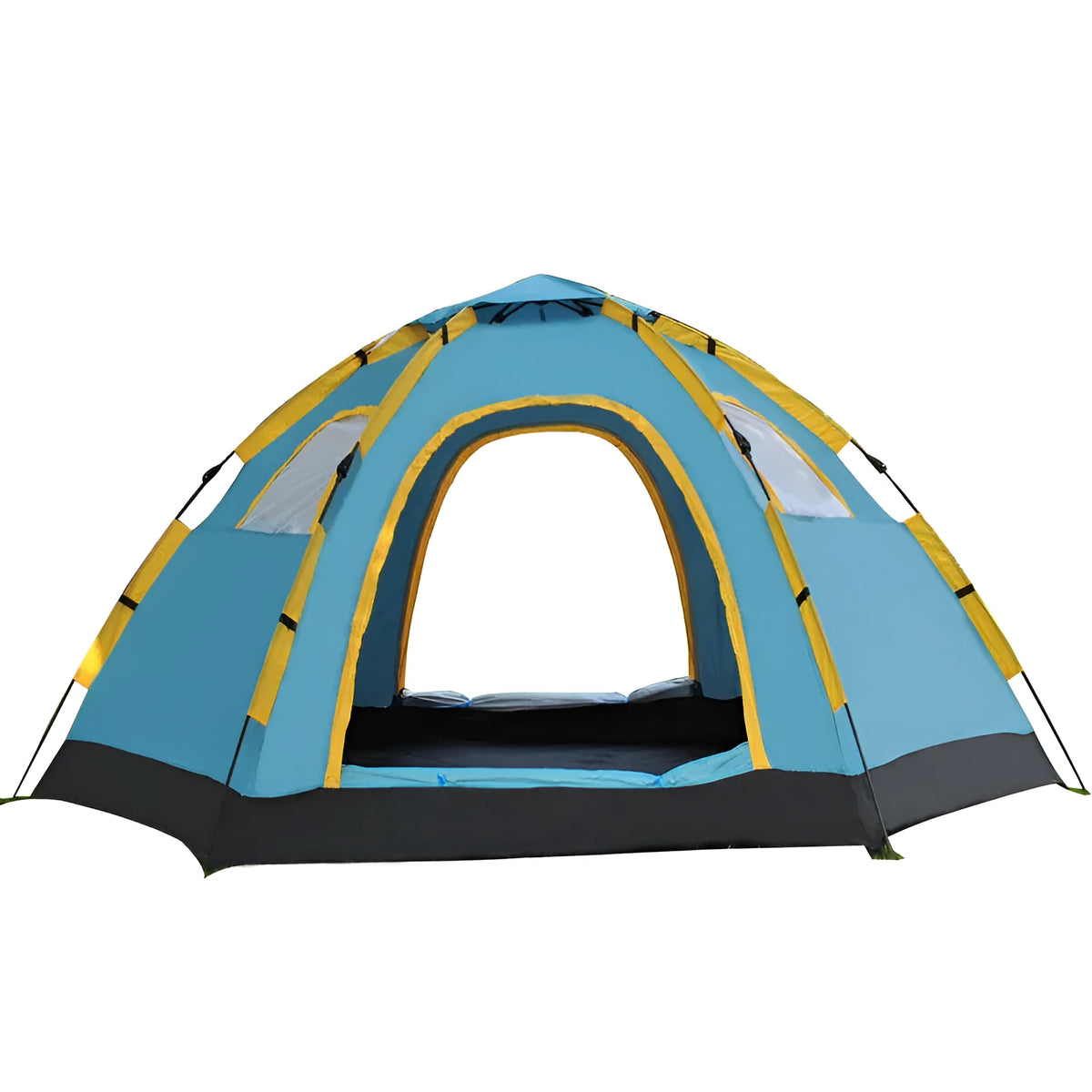 Large yurt tent for 5-8 people with double doors and four windows in green, pitched outdoors with FRP poles