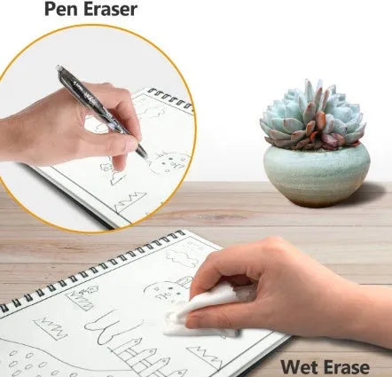 Black PP cover rewritable paper notebook with spiral binding, open to a page with handwriting, pen included