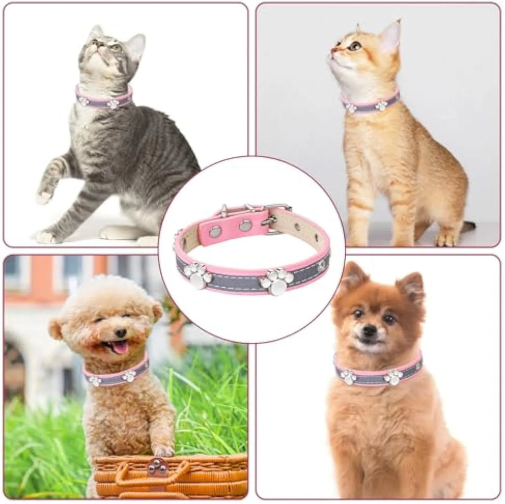 Reflective PU leather dog collar with metal buckle and cute paw rivet decoration, shown in multiple sizes.