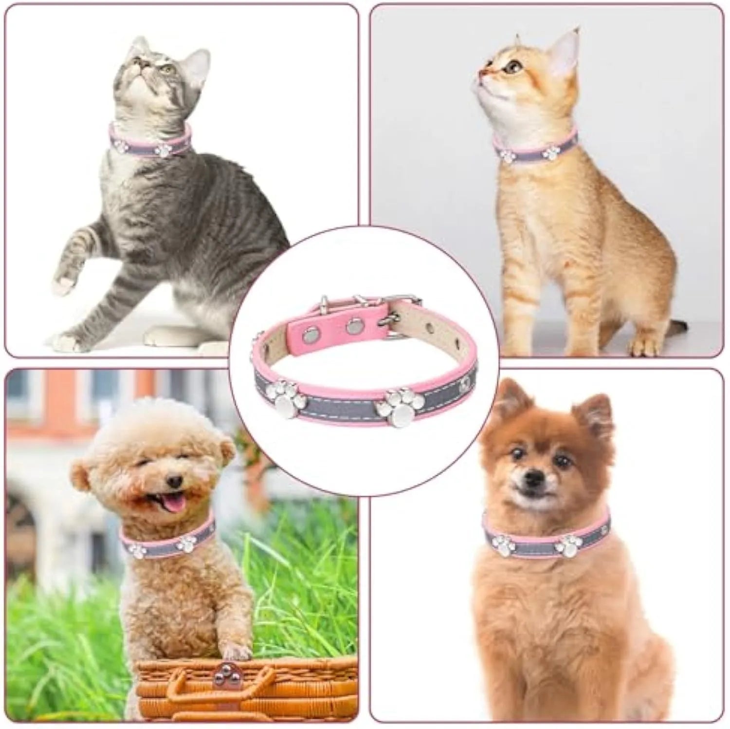 Reflective PU leather dog collar with metal buckle and cute paw rivet decoration, shown in multiple sizes.