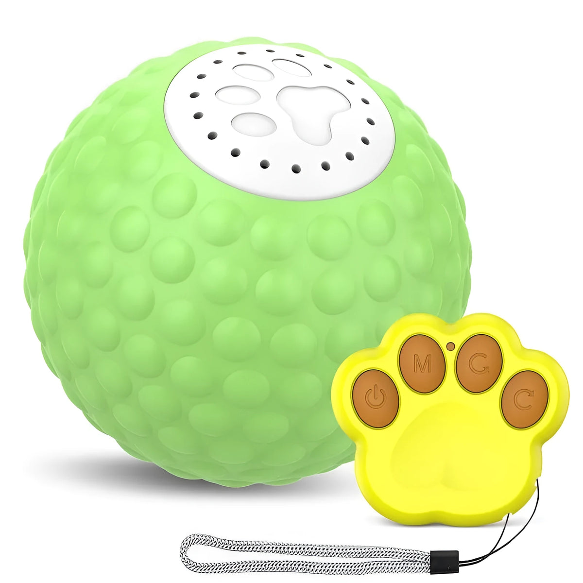 Interactive cat rolling ball toy with remote control in blue, green, and yellow colours