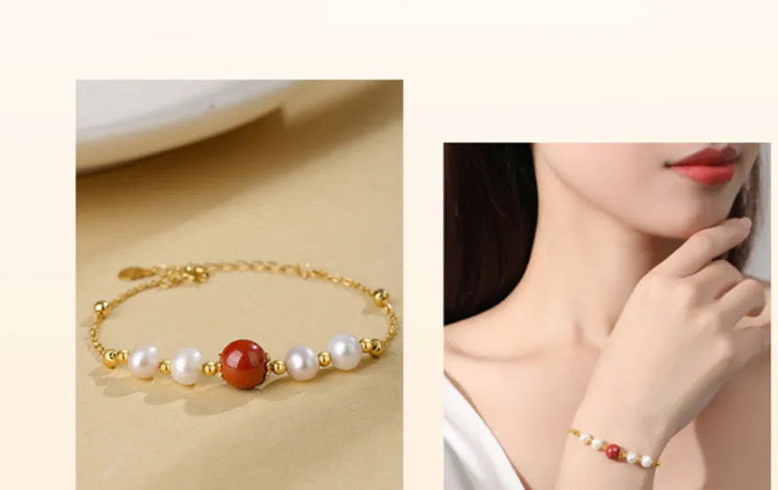 Yellow retro-style bracelet with red bean and cinnabar design on 925 silver band.
