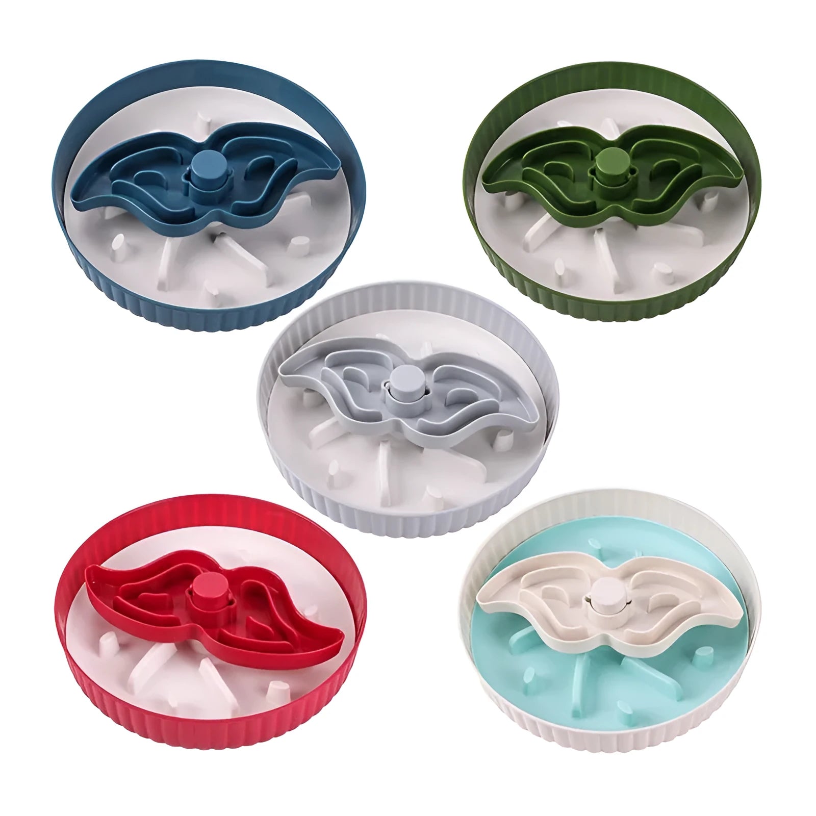 Slow feeder dog bowl with rotating game board and textured silicone licking mat insert.