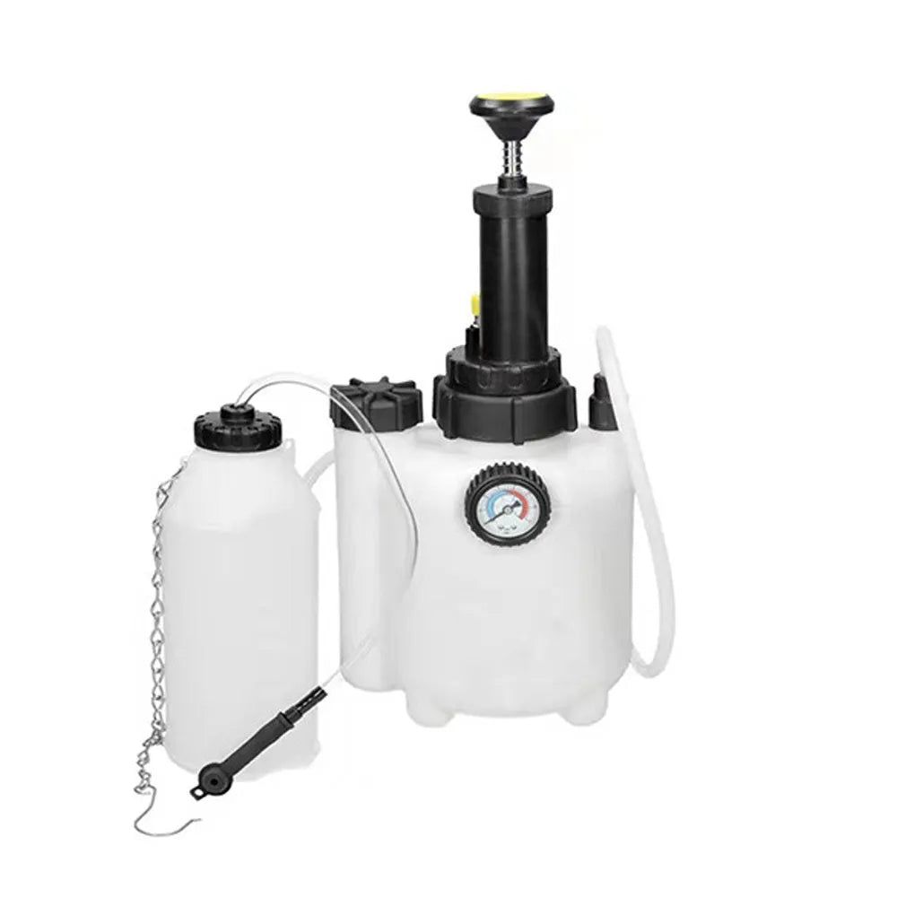White 3-litre automobile brake oil tank replacement tool made from copper, iron, and plastic.