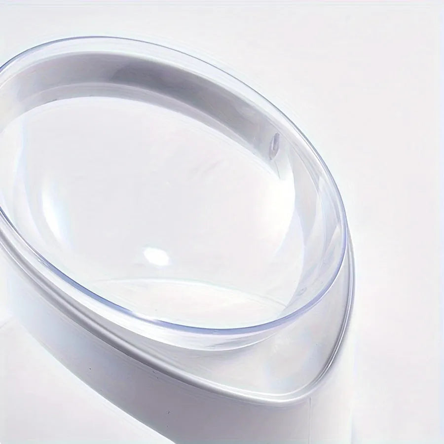 White elevated cat food bowl with clear plastic construction and anti-vomit tilt design