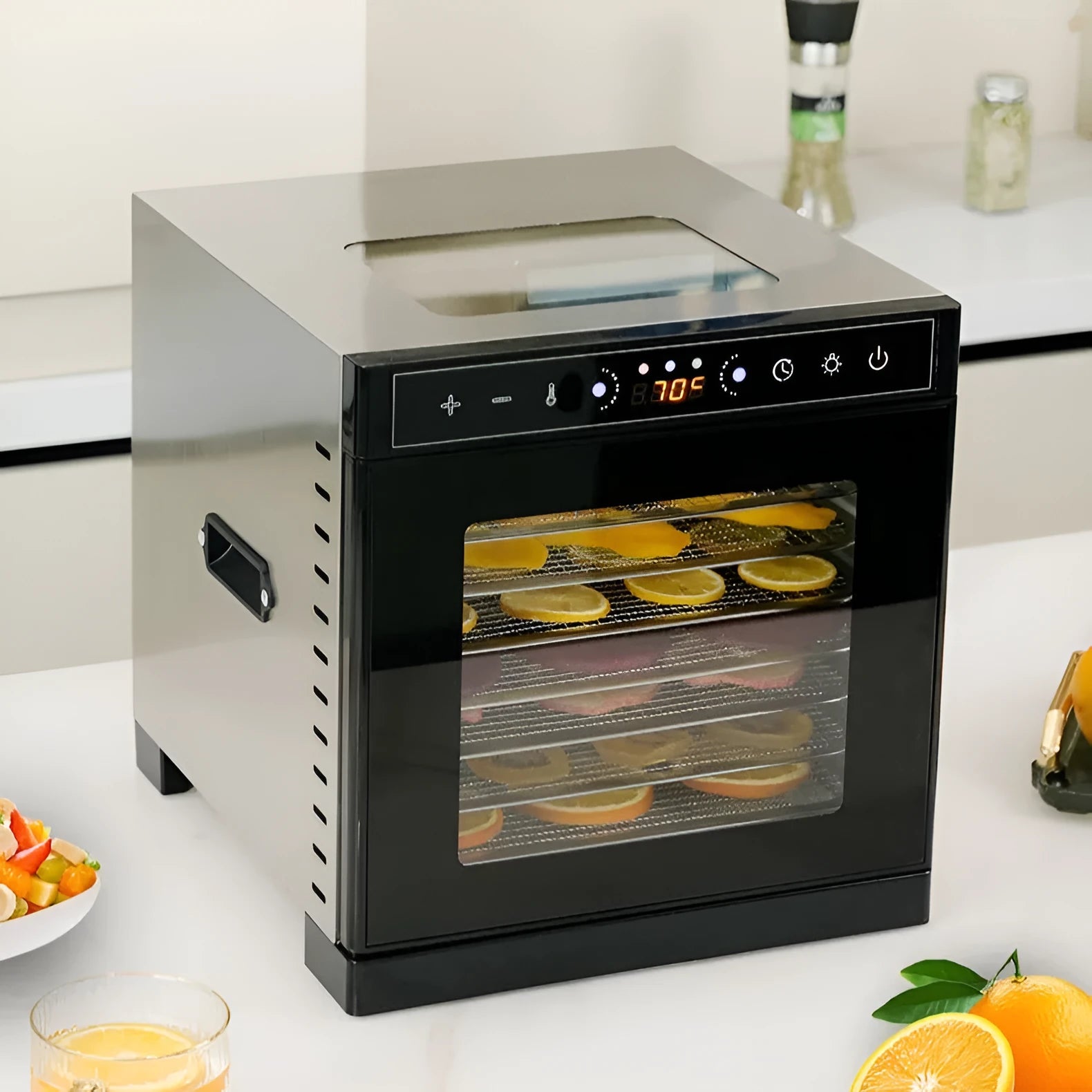 Stainless steel fruit dehydrator with transparent skylight lid and multiple drying trays
