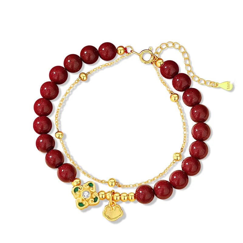 Sterling silver women's bracelet with Ruyi Xiangyun cinnabar flower design in geometric shape