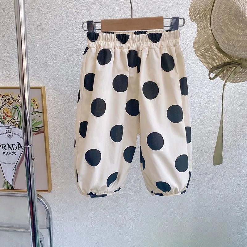 Girls' cotton polka dot sleeveless vest and cropped bloomers suit in green