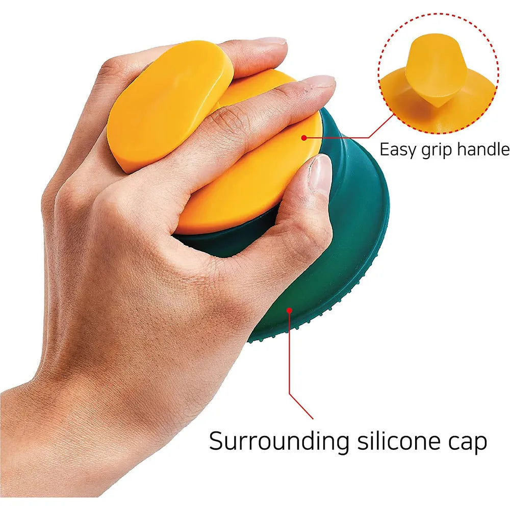 Green double-sided knotted silicone pet brush for dead hair removal, size 8x9.5x9.5cm, on a plain background