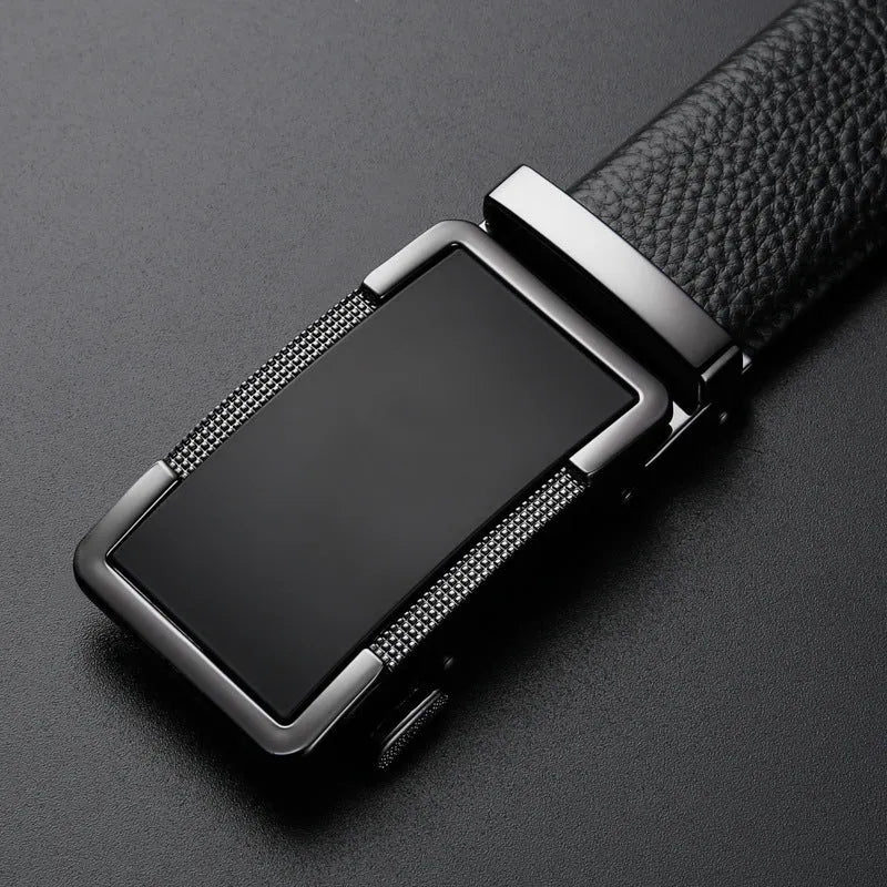 Men's leather belt with an automatic alloy buckle in gun black, silver, or gold colour options.