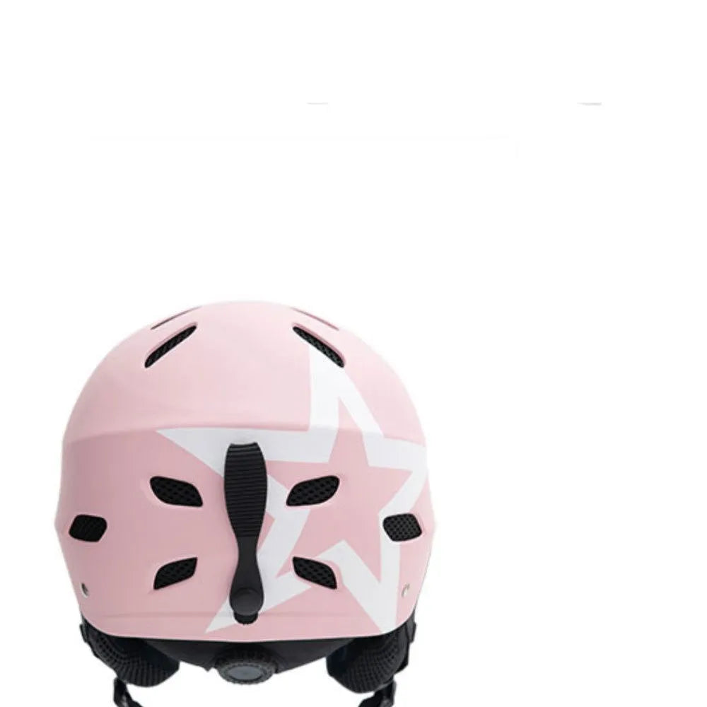 Men's protective ski helmet with ABS shell and EPS liner shown in blue and white heart design.