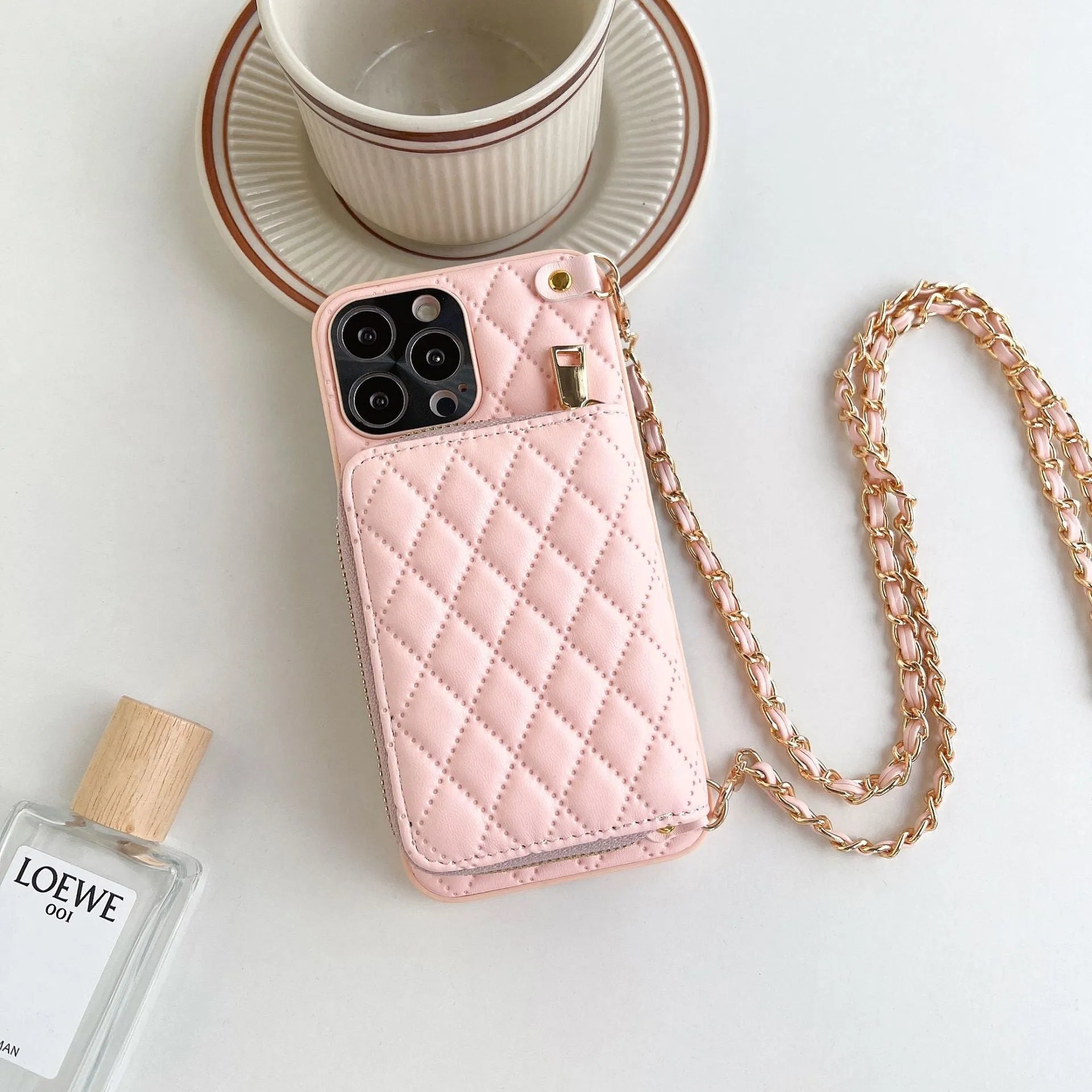 Lambskin phone case with rhombic pattern, card holder, and chain in white for Apple iPhone