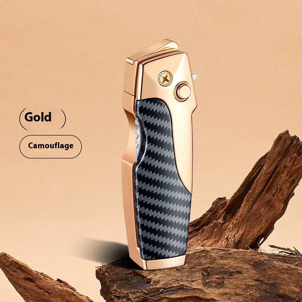 Zinc alloy metal folding lighter tool with integrated knife, shown in a carbon fibre finish.