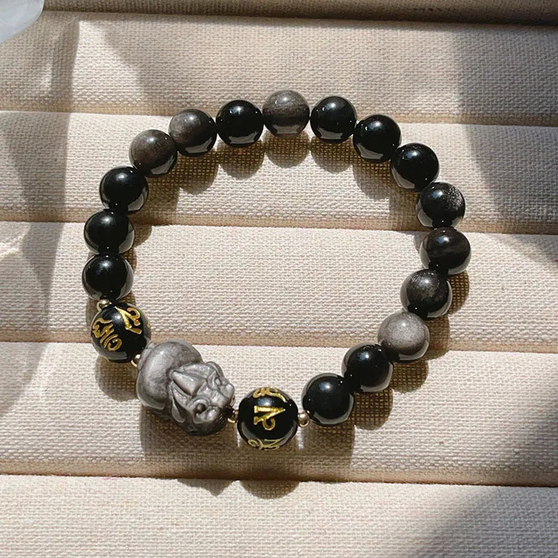 Men's Natural Silver Stone bracelet with zodiac charm and proverb beads in Chinese style.