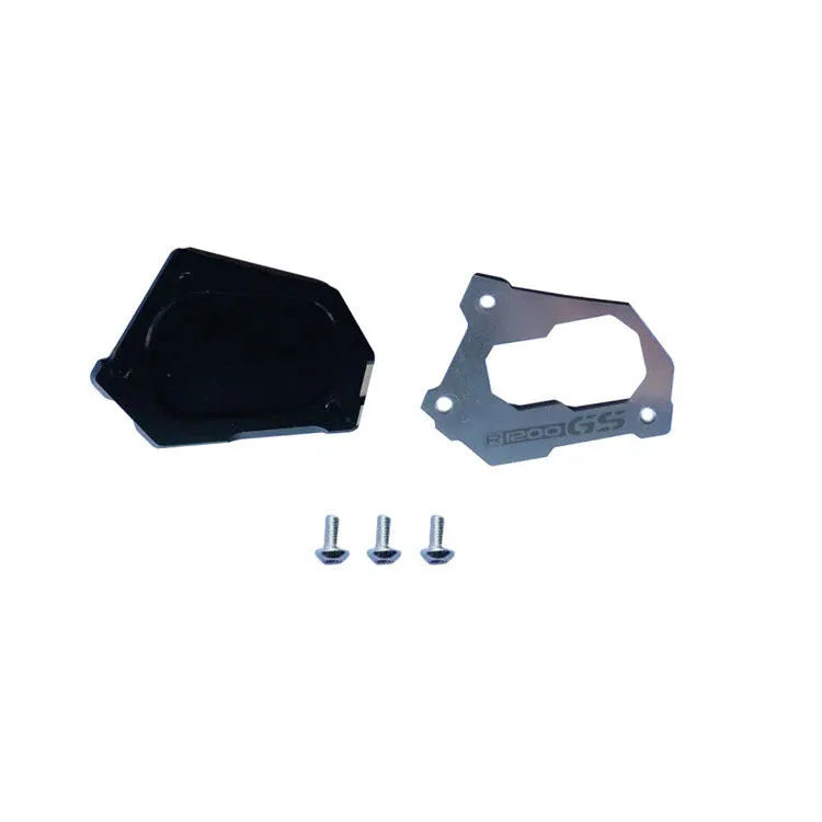 Aluminium alloy motorcycle side stand brace for R1200GS LC in black and silver finish with anti-slip mat