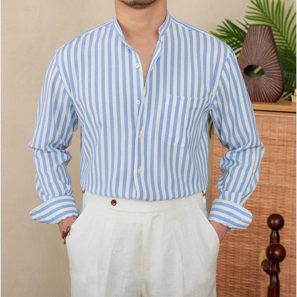 Blue and white seersucker striped men's shirt with baseball collar and loose lapel design