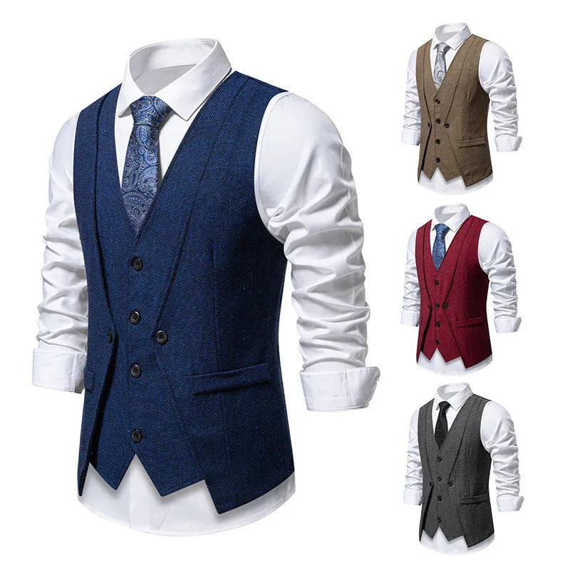 Retro fake two-piece formal vest for men, slim fit polyester, dark gray colour, front view