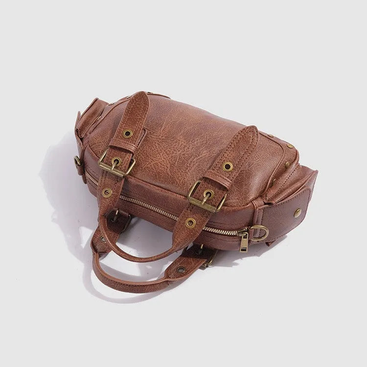 Brown artificial leather horizontal square crossbody motorcycle bag with retro styling