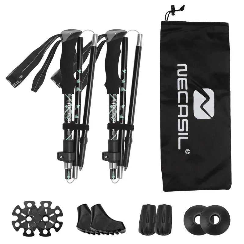 Aluminium alloy hiking cane with adjustable height, black colour, folded for storage