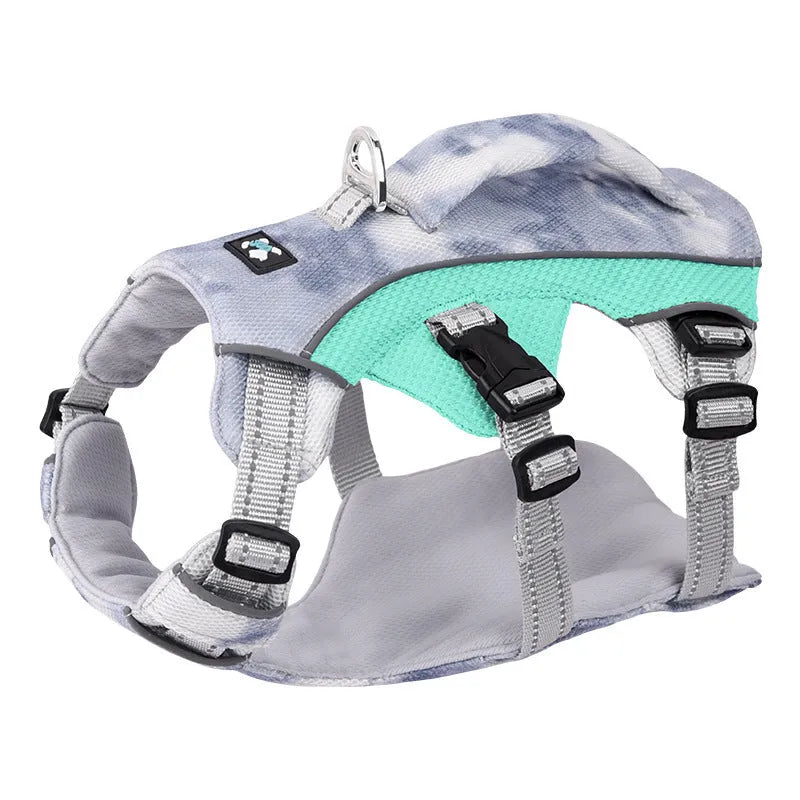 Reflective pet cooling chest strap harness in light blue, pink, dark blue, or orange colours