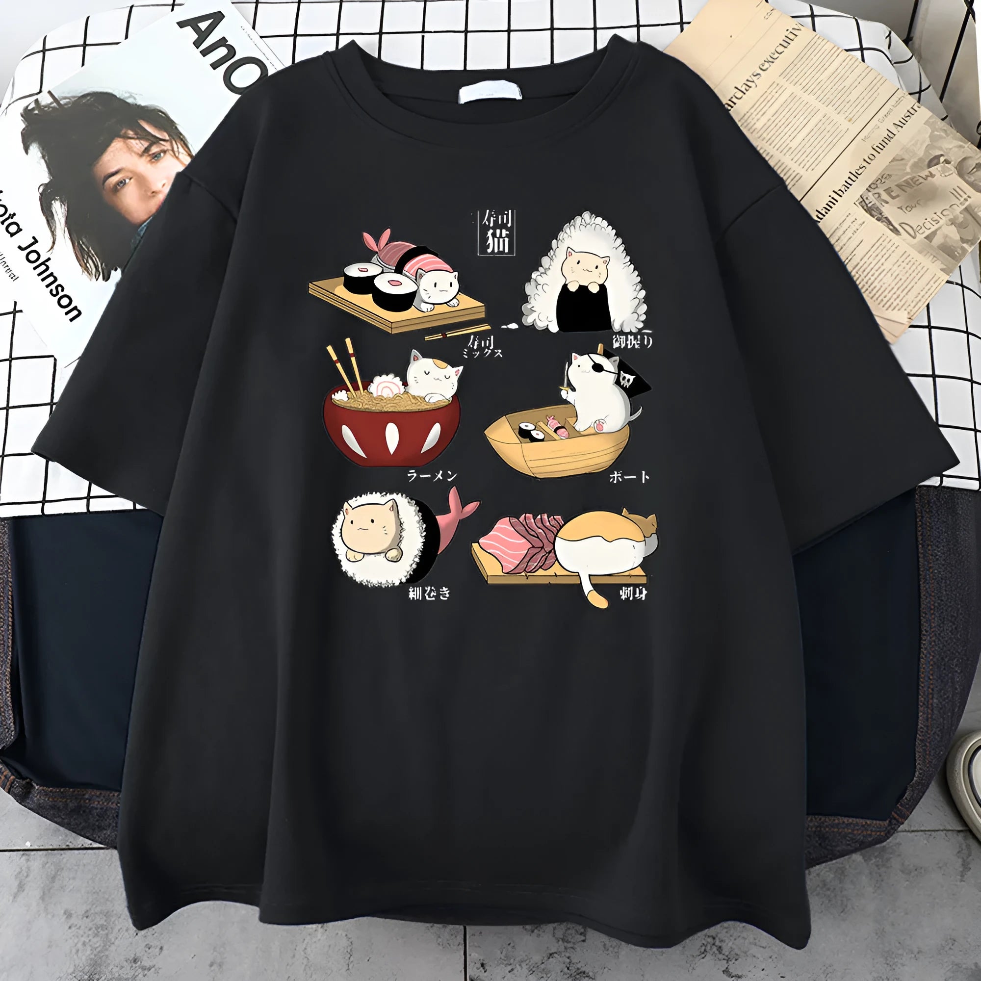 Men's black cotton T-shirt with white cat sushi cartoon design on chest, short sleeves, loose fit