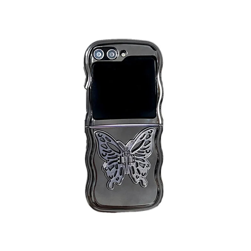 Samsung Z Flip phone case with electroplated wave edge and three-dimensional butterfly bracket stand in rose gold