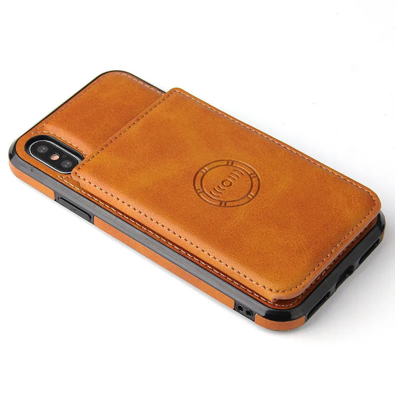 Synthetic leather back cover phone case with card wallet slot for iPhone, shown in multiple colour options.