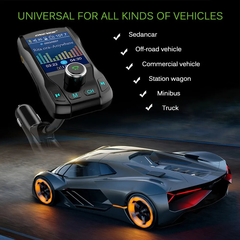 Black Bluetooth car FM transmitter with colour screen and dual USB ports plugged into a car dashboard.