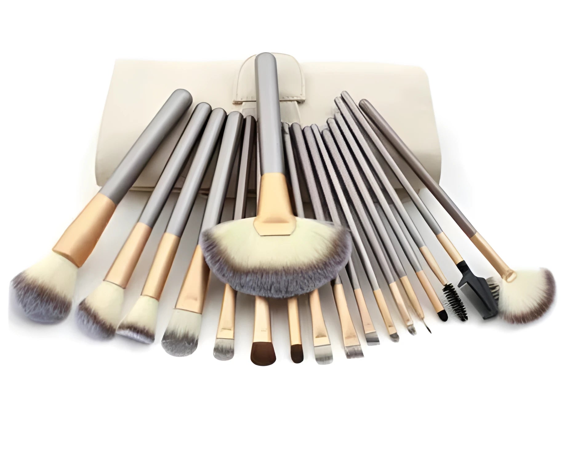 Persian makeup brush set with rice white bristles and champagne colour handles displayed on white background
