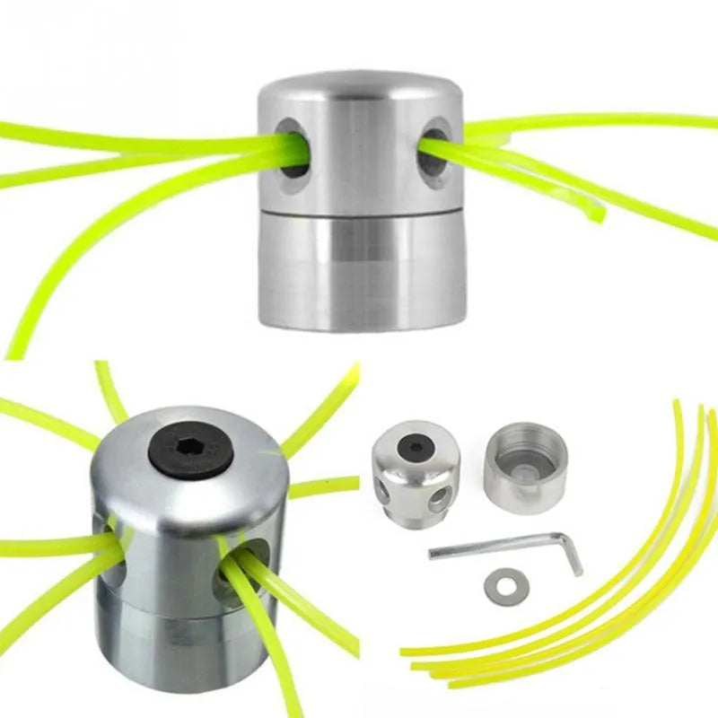 Silver aluminium lawn mower grass head kit with four light yellow cutting lines and a wrench