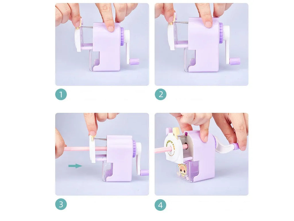 Cartoon pet pencil sharpener with geometric design in blue, green, pink, and purple options