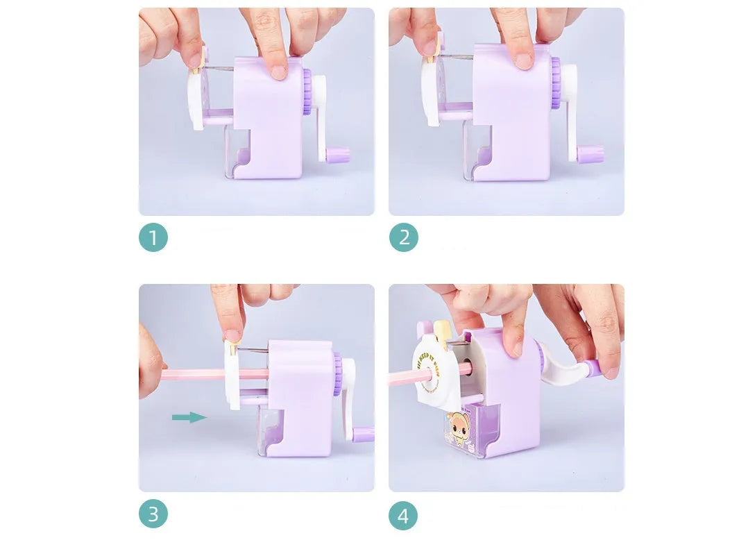 Cartoon pet pencil sharpener with geometric design in blue, green, pink, and purple options