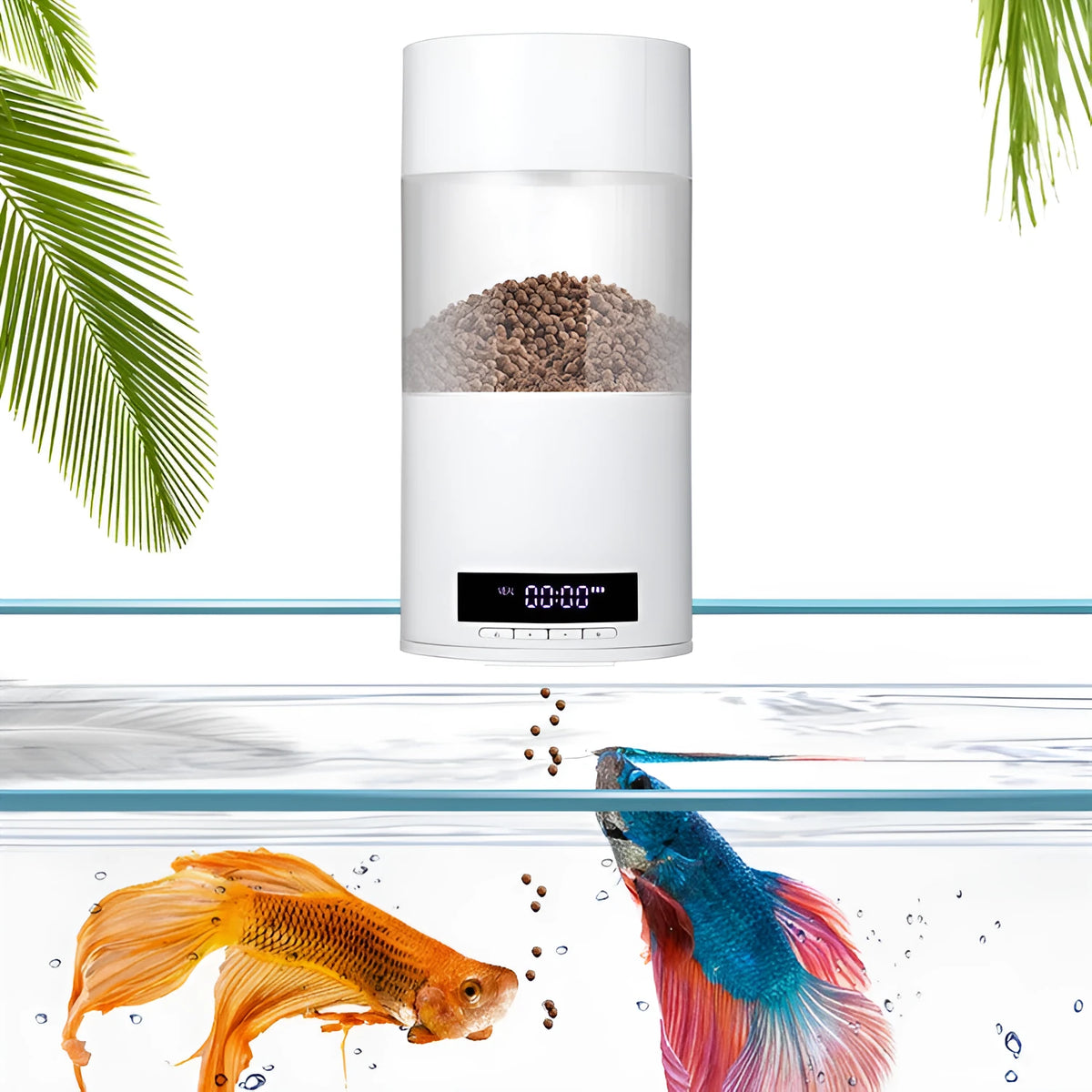 White ABS automatic fish feeder for aquarium tank with 24-hour timer, 9x9x18cm size