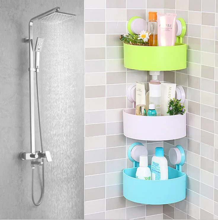 Triangle ABS plastic bathroom corner shelf with double sucker brackets and water drain holes
