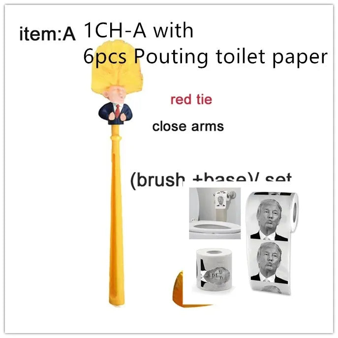 Yellow plastic Donald Trump toilet brush with hanging slot on handle.