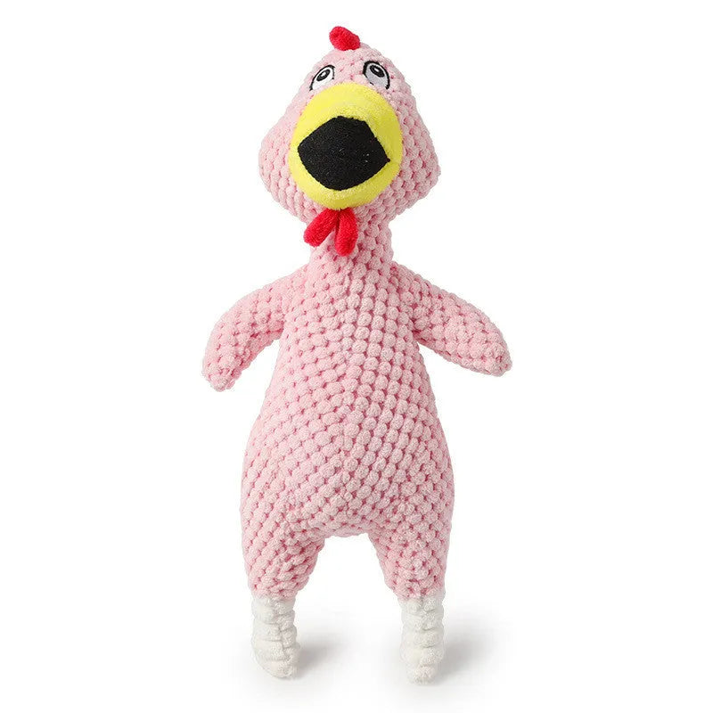 Pink pineapple velvet screaming chicken dog toy with squeaker, 35cm long, on white background
