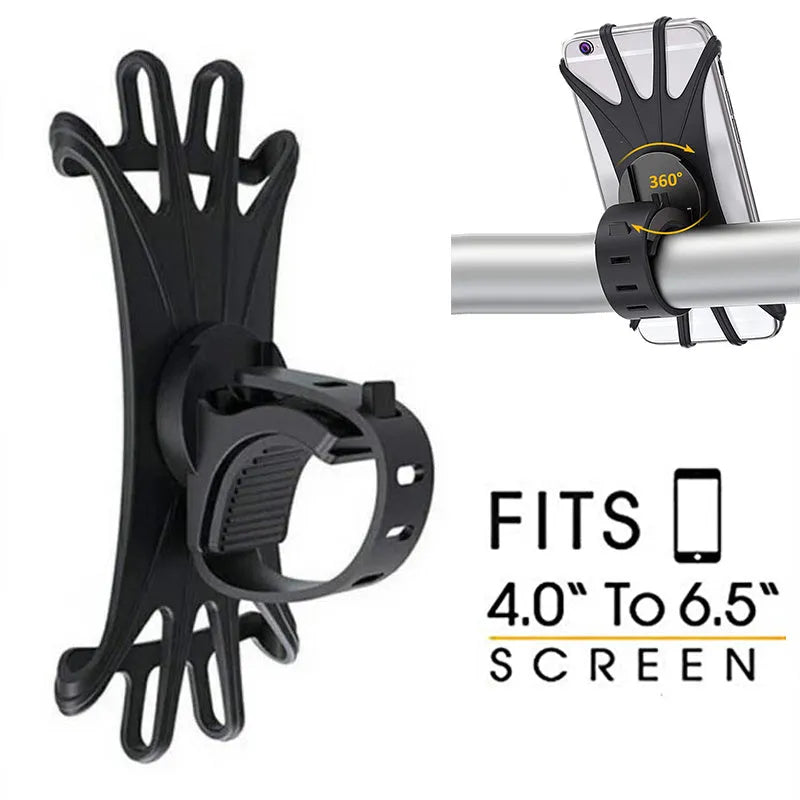 VUP Bicycle Stand Phone Holder Black with silicone strap and 360 degree rotation on a handlebar