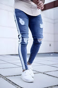 Men's ripped nostalgic light blue cotton-spandex straight leg jeans with zipper fly, front view