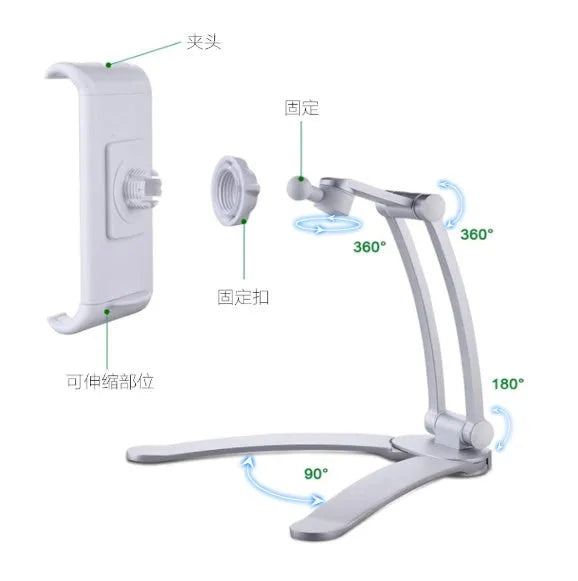 Silver aluminium alloy desktop tablet stand with adjustable holder and white mounting base on a wooden table.