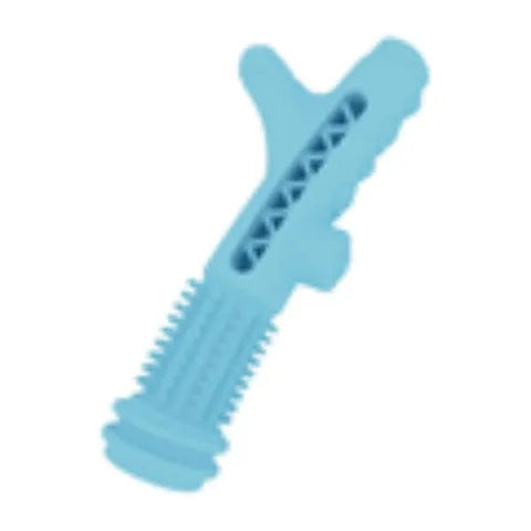 Blue TPR tree branch shaped dental chew toy for small dogs on a white background.