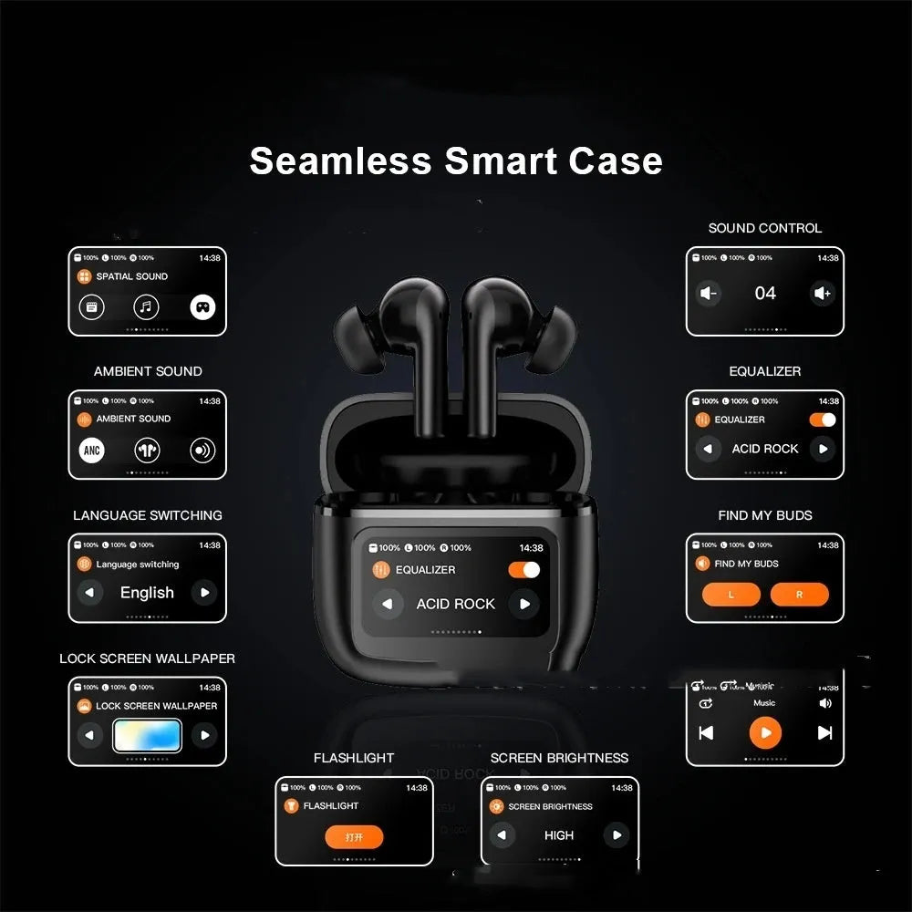 T68 PRO wireless in-ear Bluetooth headset with touch colour screen in black, silver, and champagne colours.