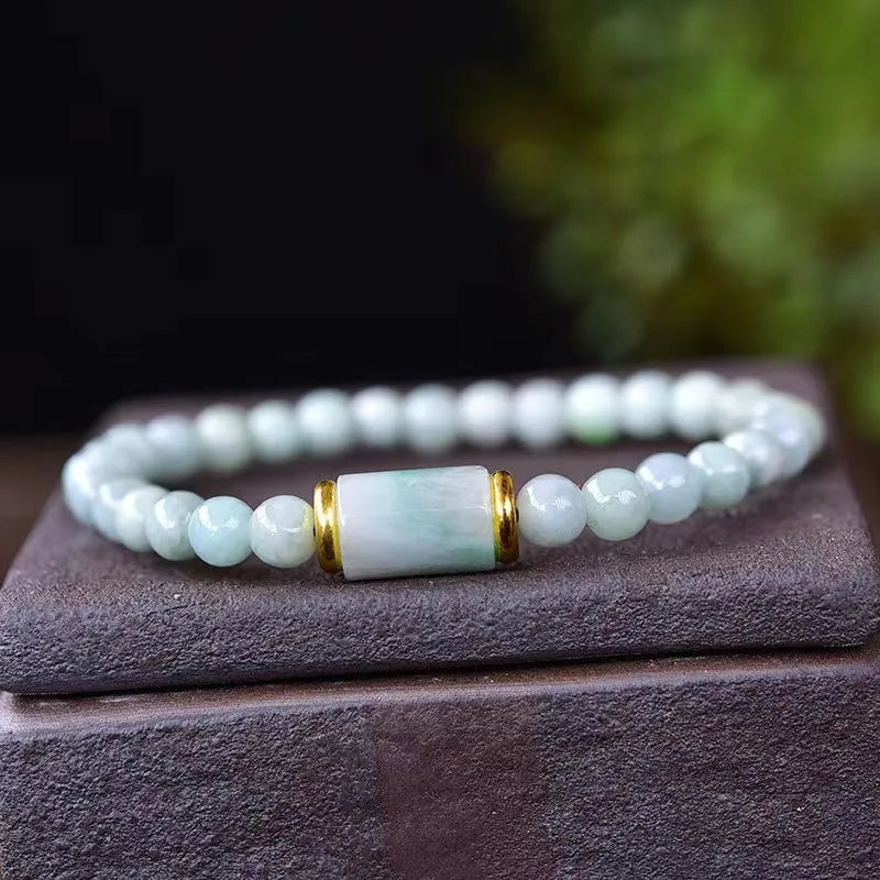 Myanmar natural jade round ice bead bracelet with geometric beads and emerald green colour